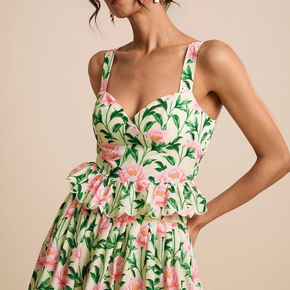 Yellow Boho Women's Floral V-Neck Camisole and A-Line Skirt Set